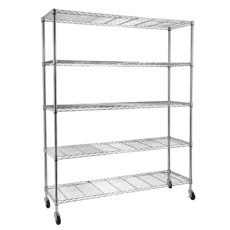 ae14ee3a66f2b5c3a5127b662f469103ef74ca7ab1ae29a840139a57f299078e 5-Tier Steel Wire Shelving with Wheels - (59.06 x 17.72 x 70.87)(Chrome)