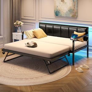 Rolanstar Daybed with Charging Station and LED Lights Height Adjustable Twin Daybed(Industrial/Black)