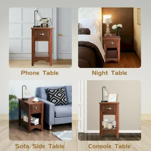 Gymax Set of 2 Contemporary Side End Table Compact Table w/ Drawer - 13 X 22 X 23 (L X W X H)(Walnut)