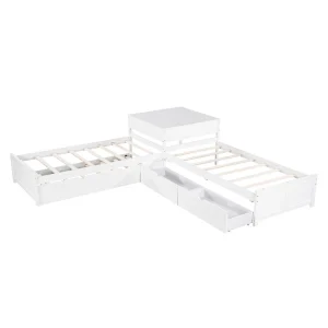 White Modern Twin Size L-shaped Platform Bed with Trundle and Drawers for Bedroom(White)