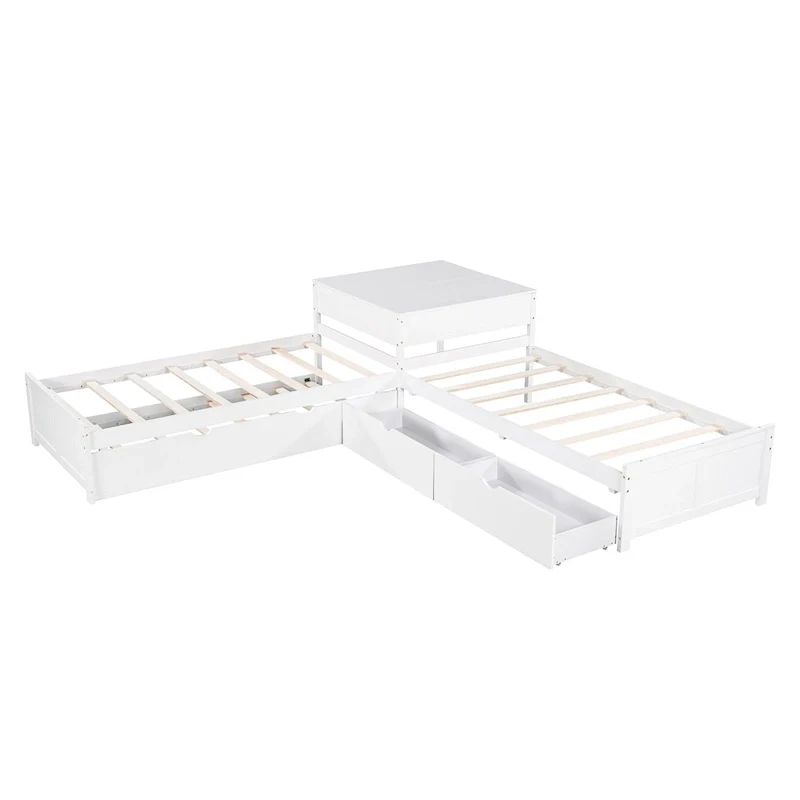 b0bcd4b44dfb49b9f914c554f192341a86440018215b49ddd2eb139e1b795441 White Modern Twin Size L-shaped Platform Bed with Trundle and Drawers for Bedroom(White)