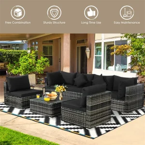 7 Pcs Rattan Patio Sectional Couch Set Outdoor Wicker Furniture Set with Cushions  Coffee Table(Black)