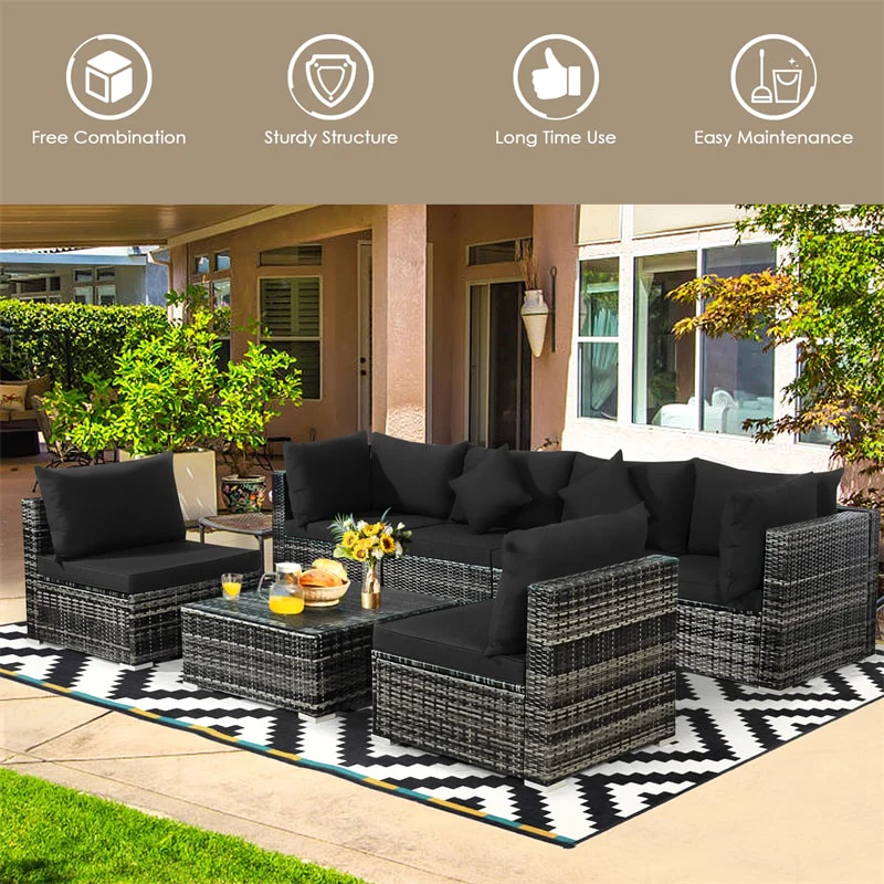 b1a504fb2cae300ab1227ff652007735ce3012a6ccb98b613167eb5a3c8d22fe 7 Pcs Rattan Patio Sectional Couch Set Outdoor Wicker Furniture Set with Cushions Coffee Table(Black)