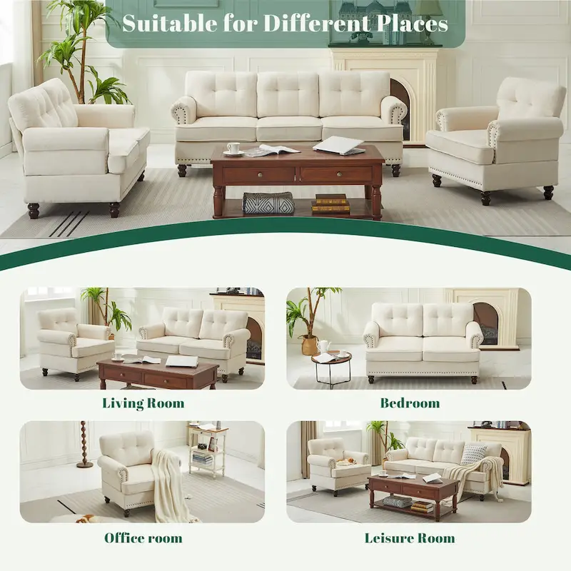b24219f1321c1fe18ecd5862d415d1ec91d6403a1be7c88cbc85b195b51830cd Set of 3 Chenille Sofa Set for Living Room, Button-Tufted Nailhead Upholstery, Solid Rubberwood Legs(3 Pieces/Black)