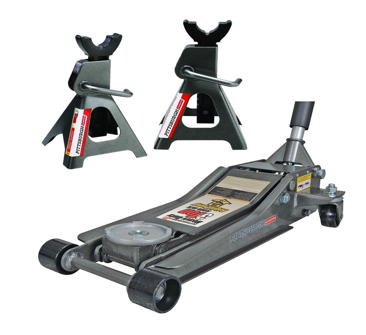 b34b7d2a66b4e2c222cc211810bad0673d3c1819d566f1e86f8cfc4caeb66f6c Pittsburg 3 Ton Low Profile Floor Jack and Jack Stands Set Combo with Rapid Pump Quick Lift
