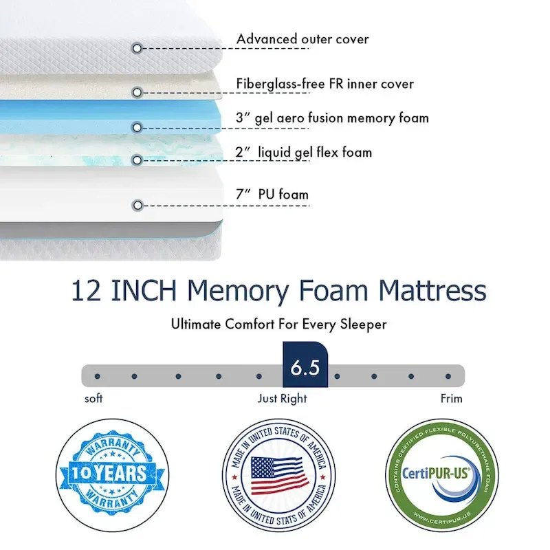 b36a487a0217935cf9782a5f3f3e6bc5baea377609cb4708efae7927fc5faa4a 12 inch Gel Memory Foam Mattress, Cooling Medium Feel Bed Mattress in a Box, CertiPUR-US(FULL)