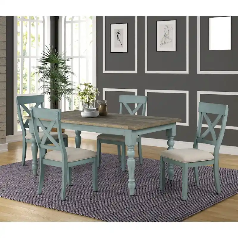 b3eff029c16859d21bc294e77a84fd21246ae8d2af952b0e3dcd31be37c62877 Roundhill Furniture Prato 5-Piece Dining Table Set with Cross Back Chairs(Blue)