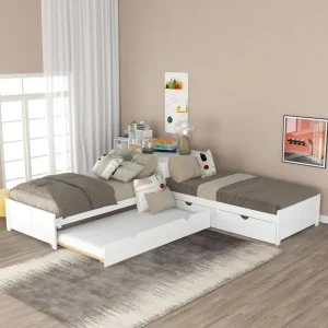 White Modern Twin Size L-shaped Platform Bed with Trundle and Drawers for Bedroom(White)