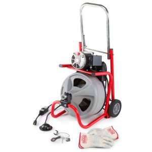 K 400 Drain Cleaning Snake Auger 120 Volt Drum Machine with C 32IW 3/8 in. x 75 ft. Cable   4 Piece Tool Set  Gloves 52363