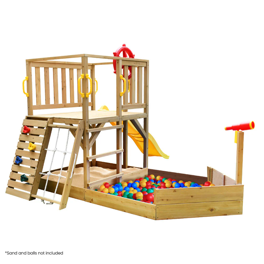 b40c9428618fd90db21e52207d74bed7e2c8a33cb1f885b5ecdf0b29a8572ae7 Rovo Kids Boat-Shaped Wooden Sand Pit Tower with Slide and Climbing Wall