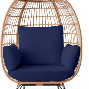 Best Choice Products Wicker Egg Chair Oversized Indoor Outdoor Lounger for Patio Backyard Living Room w/ 4 Cushions Steel Frame 440lb Capacity - Ivory(Navy/ONESIZE)