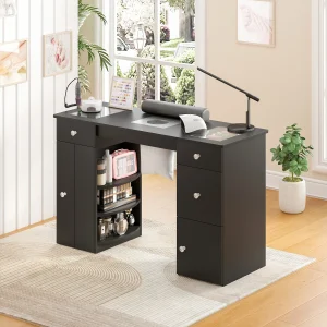 Manicure Table Glass Top w/Dust Collector(White)