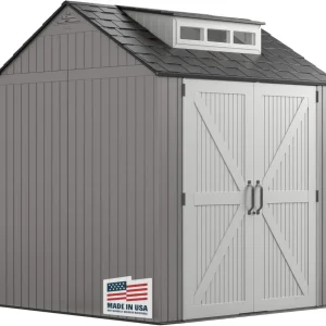 Rubbermaid Resin Outdoor Storage Shed With Floor (7 x 7 Ft) Weather Resistant Gray Organization for Home/Backyard/Garden Tools/Lawn Mower/Bike Storage/Pool Supplies(7'x7'/Gray)