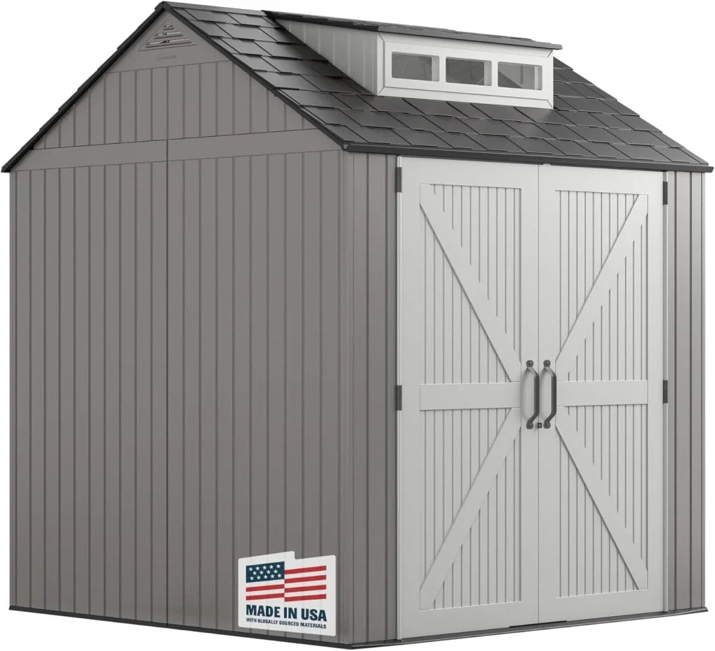 b4bbe3b900ca5e58ac275ccdec79680ccad8294d8822e82ac26498df9a839769 Rubbermaid Resin Outdoor Storage Shed With Floor (7 x 7 Ft) Weather Resistant Gray Organization for Home/Backyard/Garden Tools/Lawn Mower/Bike Storage/Pool Supplies(7'x7'/Gray)