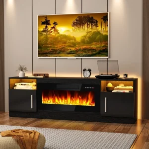 Bossin 70 Fireplace TV Stand with 36 Electric Fireplace, TV Stand for TVs Up to 80, 16 Colors LED Lights/Entertainment Center(Black)