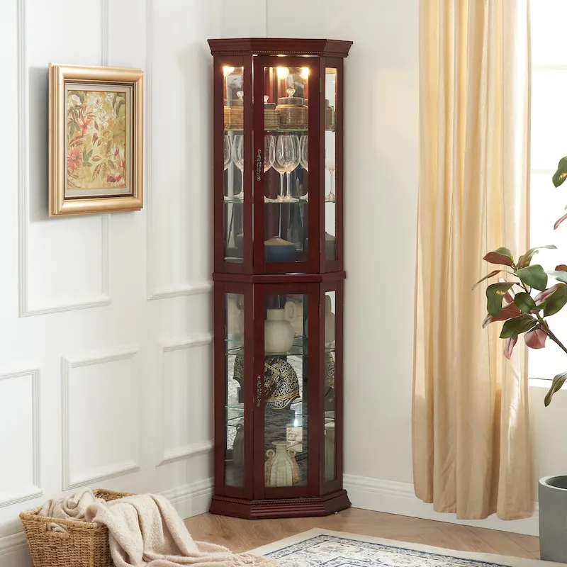 b5b3ad51bf6cf71d26cb75ee7963aa8fd79fb3e93d33233239130b628cca8f46 Corner Curio Cabinet with Lights, Adjustable Tempered Glass Shelves, Mirrored Back, Display Cabinet(Cherry)