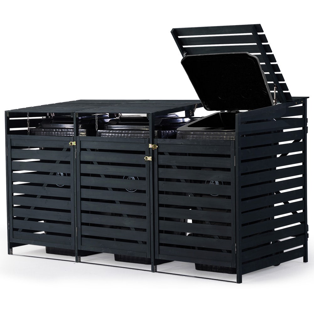 b5ce681061474159e18066abb7d450dd4237a64a493d1c58e4dbb8e39c4fc08c PLANTCRAFT Triple Wood Wheelie Bins Storage Shed, 3 Door Garbage Rubbish Bin Enclosure(Default Title)