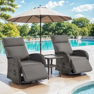 Pocassy 3PCS Versatile Outdoor Recliner Chair with Side Table Grey Cushion(Grey Cushion)