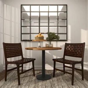 Leather Handmade Woven Dining Chair with Teak Wood Frame - Set of 2 Brown, White or Black- Roche River Decor(Brown)