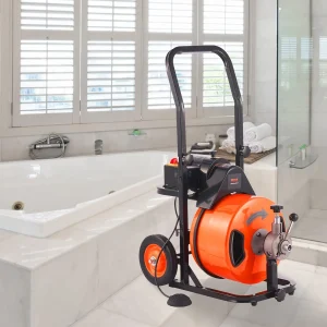 Drain Cleaner Machine 100FT x 1/2Inch, Auto Feed Sewer Snake Auger with 4 Cutter  Air-activated Foot Switch for 1
