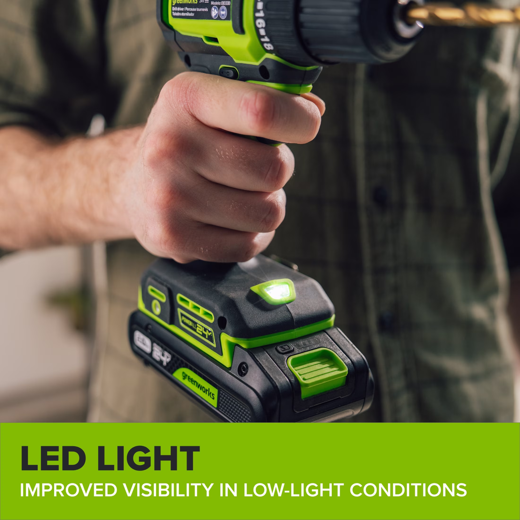 b7aa66f11468f70d8938b04a3969533592bf7f91ad61ac348e5c392be577d8a2 Greenworks PowerAll 24V Brushless 3/8" 280 in-lb Drill, with 2Ah USB-C Battery, DD330A7