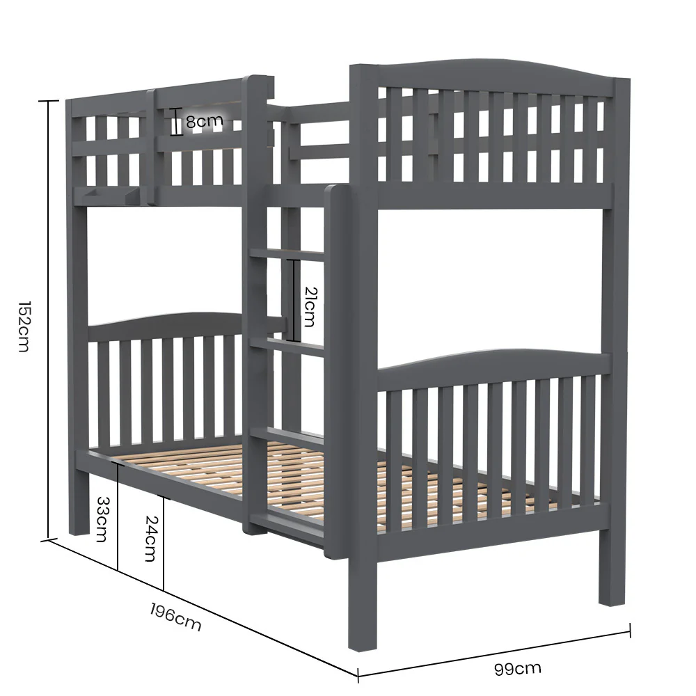 b84ce8b217dd1a212b7c4d305eef87187a5aff462243aceac4d4f9e639d4e0d0 Kingston Slumber Single Bunk Bed Frame Solid Pine Wood Timber, Modular Design, Grey