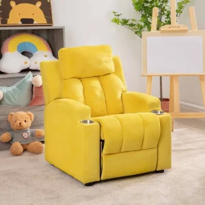Deluxe Kids Recliner Chair with Footrest Headrest and 2 Cup Holders Microfiber Kids Recliner for Age 3+ Years(Yellow)