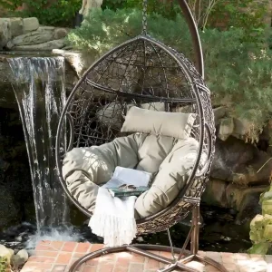 Waterproof Outdoor Wicker Hanging Basket Chair with Cushions, Hammock Seat - 300 lbs Capacity(Khaki+brown)