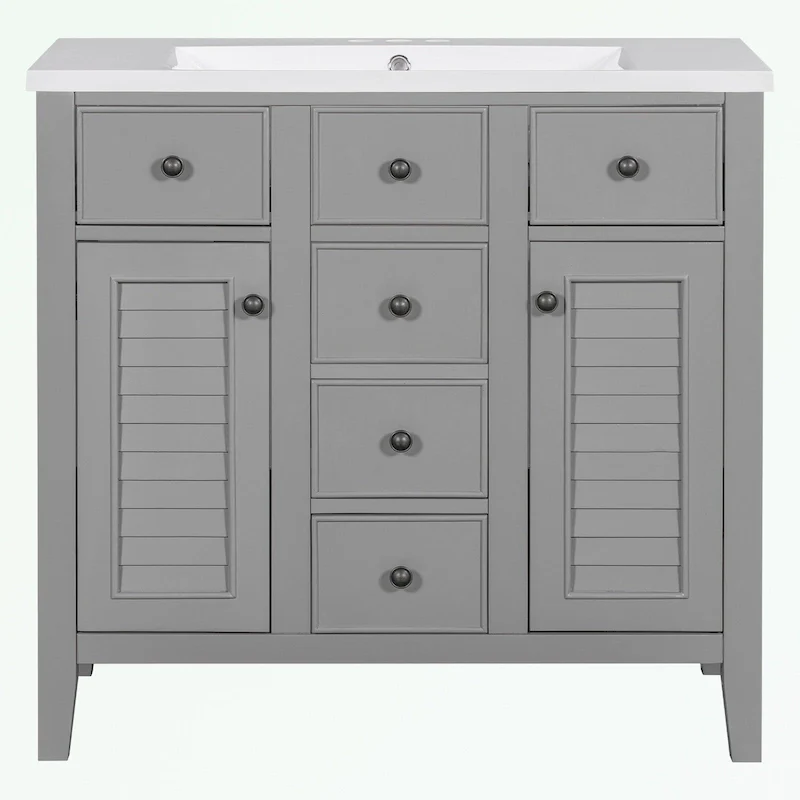 bb020c893389d5ff9dbd1884109f4092bc929de8e831906af4bf3f3cbdd01c51 Bathroom Vanity with Ceramic Basin, Two Cabinets and Five Drawers(Grey)