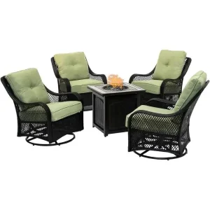 5-Piece Steel Patio Fire Pit Conversation Set with Navy Blue Cushions, Swivel Gliders and Square Fire Pit Table(Red)