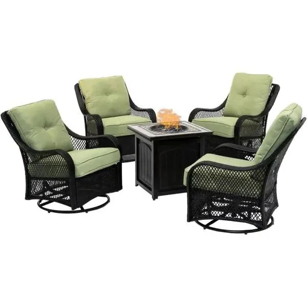 bc5f30dfbe62be2f986202d600b38e221ebfbfc8410f7660d5fd26e6d63bf679 5-Piece Steel Patio Fire Pit Conversation Set with Navy Blue Cushions, Swivel Gliders and Square Fire Pit Table(Red)