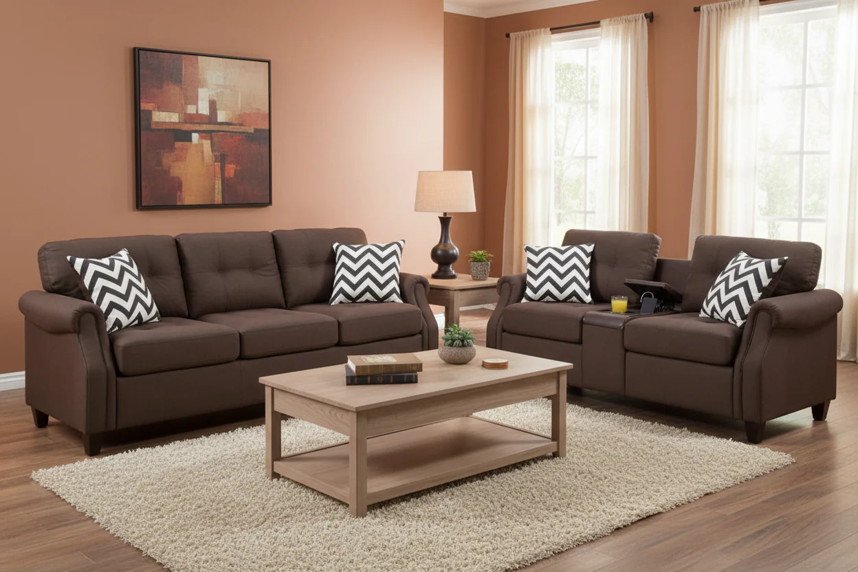 bc8d2a6edaf8ece8913d2a483669d2b352d2eab2b38de837eb8e8f5459b2eec7 2-Piece Sofa Loveseat Set with 4 Pillows, USB Ports, Dark Brown(Brown, Black, White)