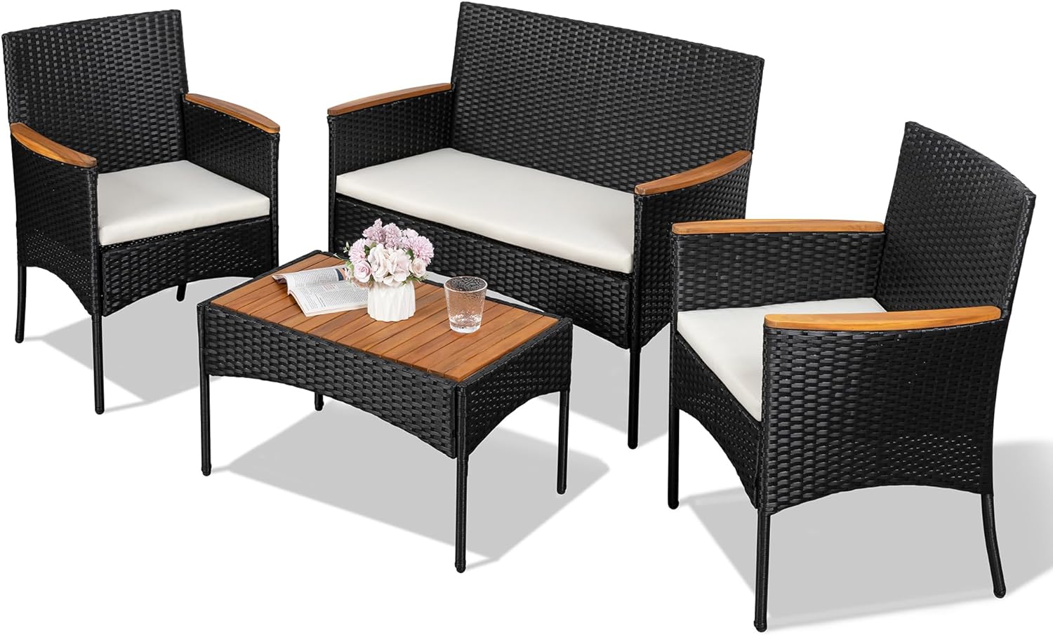bd116f5f6df59bbf1b48c5090572114e07dcead46ed755885ab5e6cdb2cdf258 Shintenchi 4-Piece Patio Furniture Set, Outdoor Wicker Patio Conversation Furniture Set with Cushions and Wooden Tabletop for Paito Lawn Backyard, White Cushion