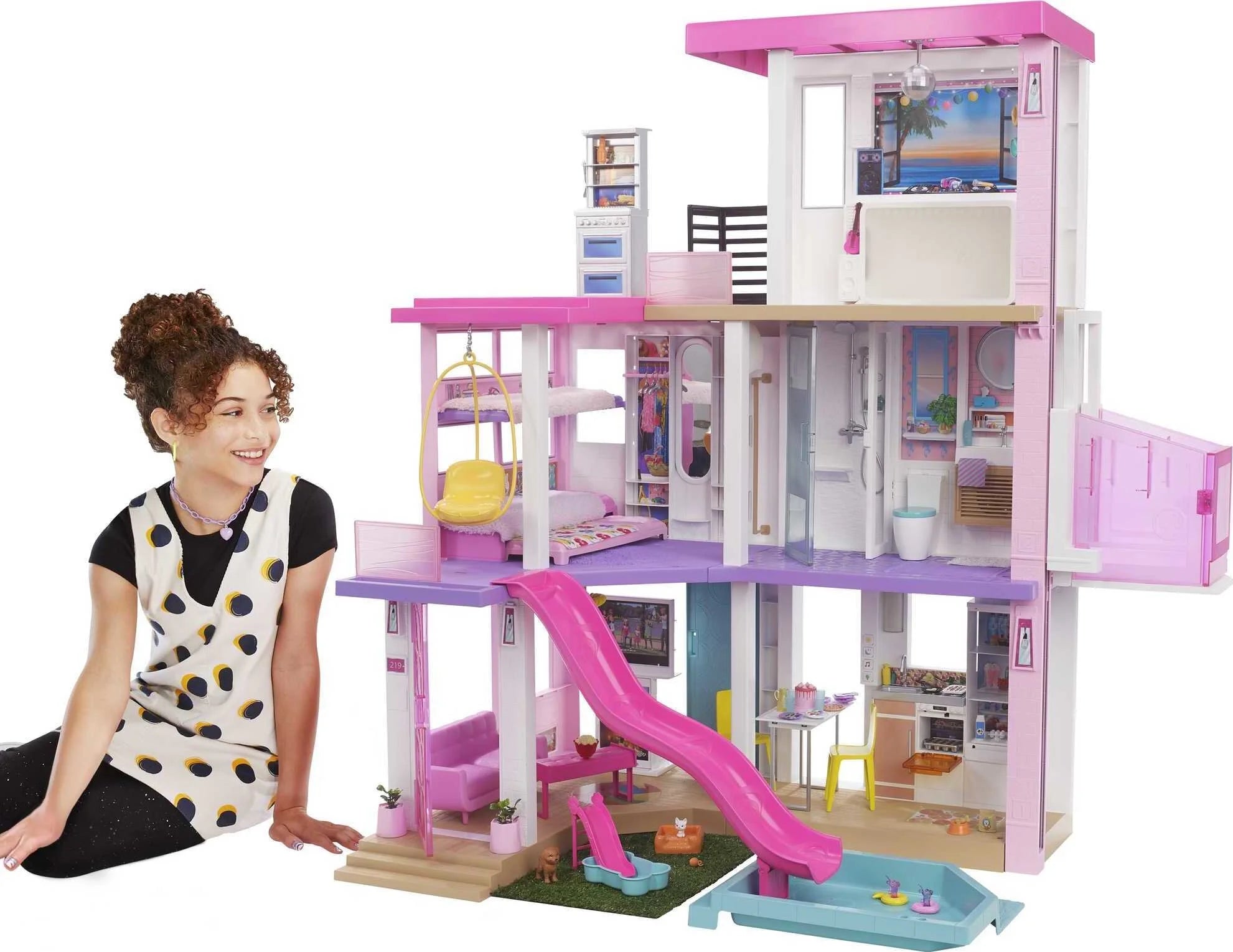 bd5fa15ca657c010dde6441fabb0b8927e3d18ba937eea358ddbe2c42b4bad94 Barbie DreamHouse Playset with 10 Play Areas 75+ Furniture Accessories Lights Sounds(27.17" x 68.9" x 42.91"/ONESIZE)