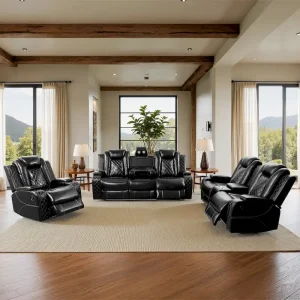 Modern 3-Piece Leather Recliner Sofa Set with LED, Wireless Charging(Black)