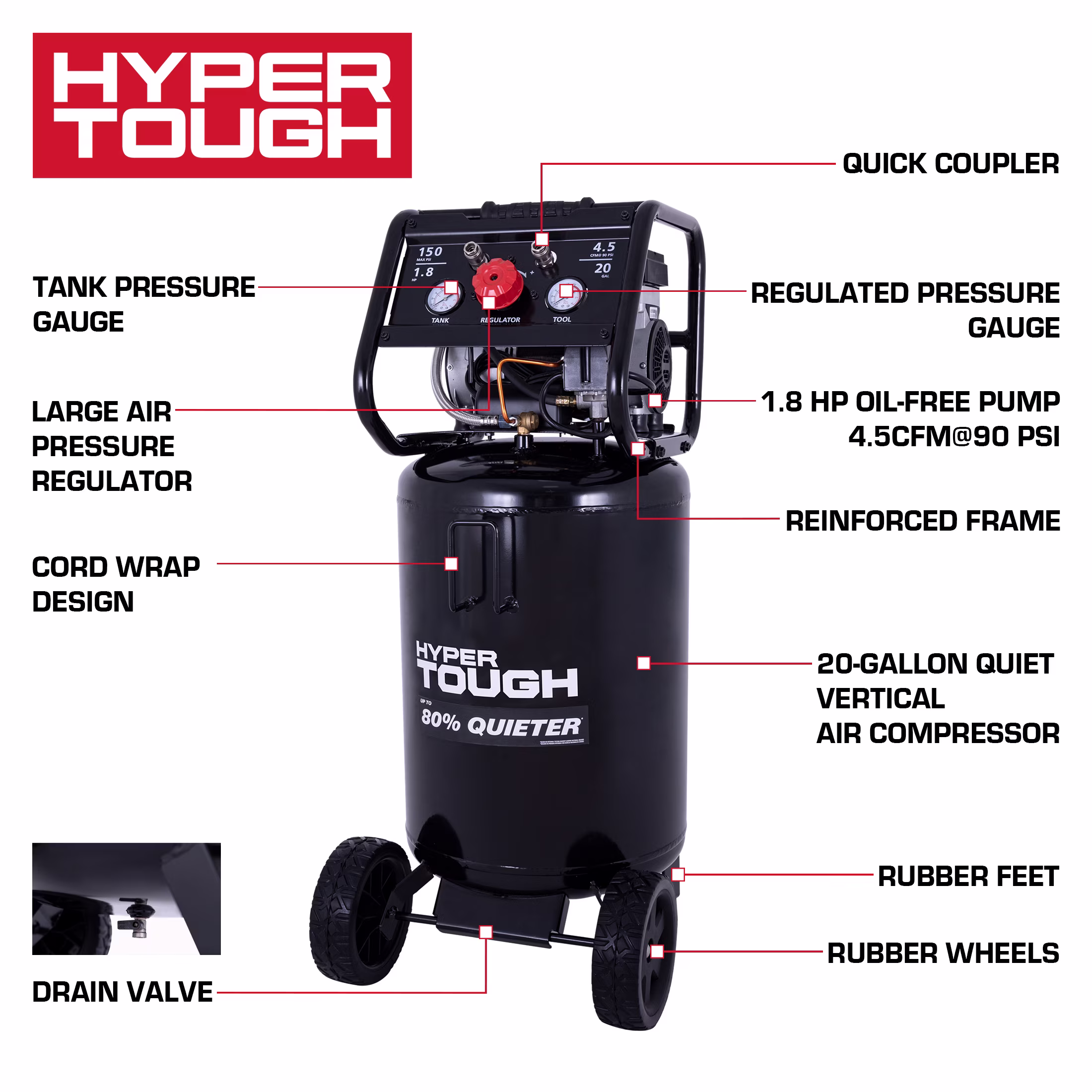 be470ac22f409514cb00f8ca7a3e085b069e1206f11d4c8d8d5bc14ff92fecbf Hyper Tough 20 Gallon 1.8 HP Vertical Quiet air compressor 150psi