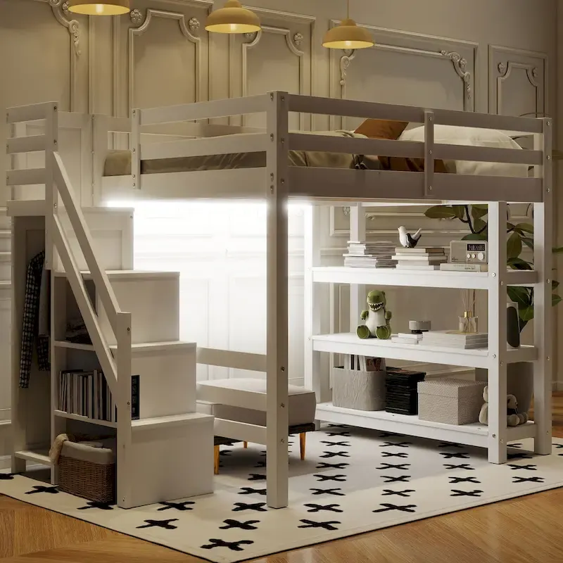 bf0194eeb30f1ecb7a3a9710df783a3e24df2163837c571c7a6f532709a50a1f Full/Twin Loft Bed with Storage Stairs - Shelves, Wardrobe LED Light, Space-Saving Design(FULL)