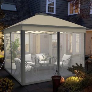 11 x 11 FT Pop-Up Gazebo Tent Portable Canopy Shelter with Carry Bag  Mesh Netting  LED Lights(Beige)