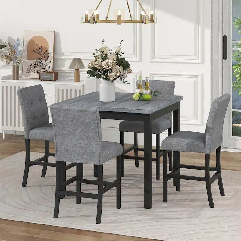 bf7a5359ce3de74be43201664ddbe4c495fe104dbd7f1f99ec7c3f352bffc5a4 5 Piece Counter Height Dining Set, Wood Dining Table Set with Rectangle Table and 4 Upholstered High Back Chairs(Black)