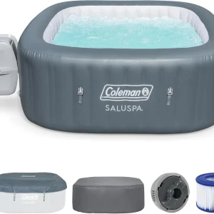 Coleman SaluSpa Atlantis AirJet 4 to 6 Person Inflatable Hot Tub Square Portable Outdoor Spa with 140 Soothing Jets with Cover, Blue(Gray/Energy Efficient)