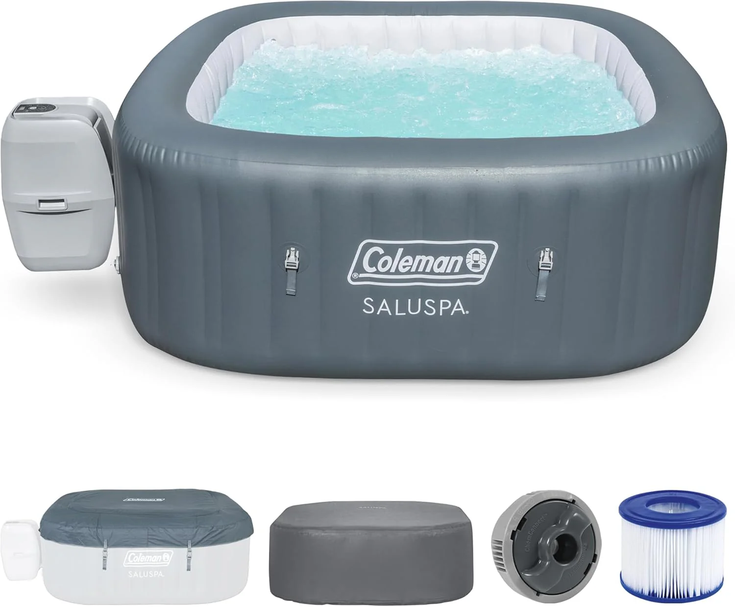 bfd56b282f42d08d72c6389ea9639f80a232ed336ced95b69cc448730130410c Coleman SaluSpa Atlantis AirJet 4 to 6 Person Inflatable Hot Tub Square Portable Outdoor Spa with 140 Soothing Jets with Cover, Blue(Gray/Energy Efficient)