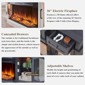 Farmhouse Electric Fireplace TV Stands up to 80, Entertainment Center(Antique White)