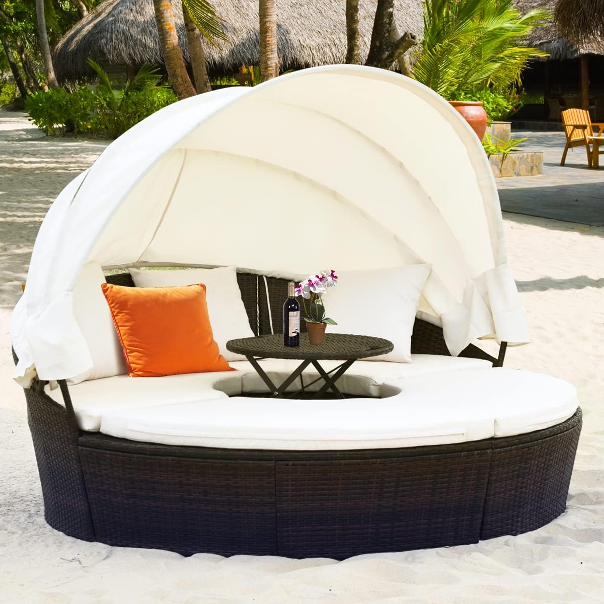 c132e77717a74fb12e2b15c1269ed890edeb21a07417e01c0ad927b0a46a2b3a Outdoor daybed, rattan round daybed with sunshade canopy, patio set with cushions and adjustable coffee table, rattan patio furniture, suitable for backyard terraces, porches, and poolside (green color)(Off-white)
