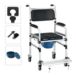 2-in-1 Foldable Shower Commode Wheelchair, Aluminum Alloy Transport Chair Toilet Bedside Wheelchair with Commode(Default Title)