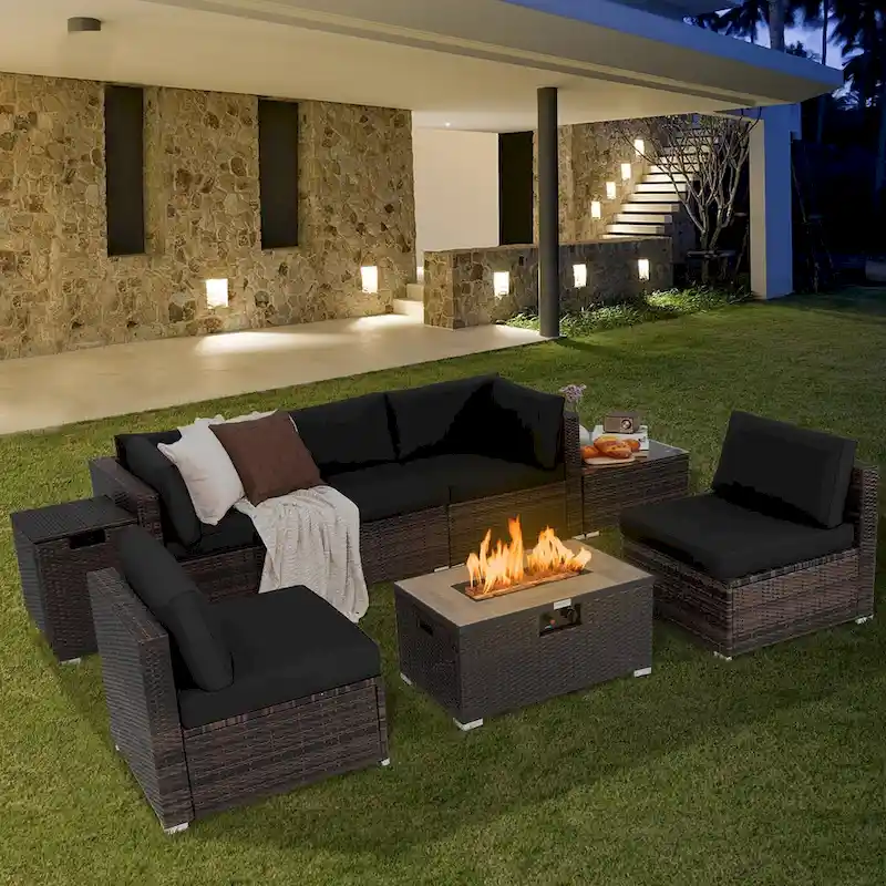 c1875b052e850fbf17b378591ad3b169c653606c52416f708378bc75e6874e8f 8PCS Patio Rattan Furniture Set Fire Pit Table Tank Holder Cover Deck(Brown+turquoise)