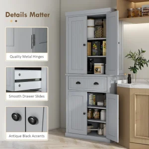 72 Kitchen Pantry Storage Cabinet, Traditional Freestanding Cabinet with 4 Doors and 3 Adjustable Shelves, Large Central Drawer(Black)