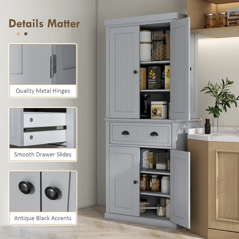 c1c015619ec8138710ee1e823d322225b78febbf016065ee86d9854be9701bf1 72 Kitchen Pantry Storage Cabinet, Traditional Freestanding Cabinet with 4 Doors and 3 Adjustable Shelves, Large Central Drawer(Black)
