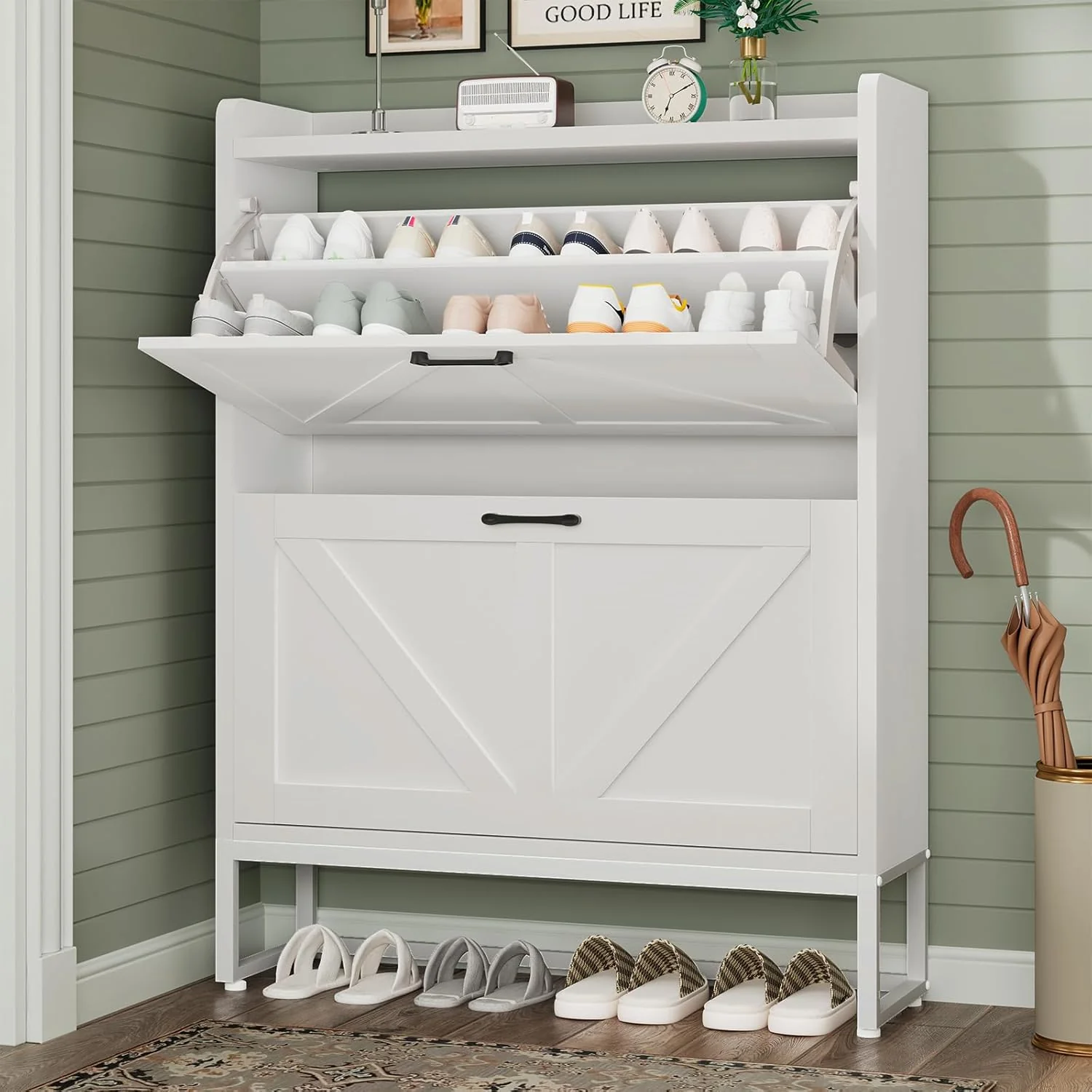 c4168a3c1393695eb1dc0768d4c356e70eca198fbb97c42806947473056d3488 Shoe Cabinet, Shoe Storage Cabinet with 2 Flip Drawers Adjustable Shelf(Big/White)
