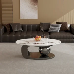 51 Modern Pandora Oval Coffee Table with Glossy Sintered stone top, Luxury Coffee Table, Stainless Steel Legs for Livingroom(Philippe black)