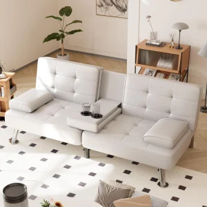 Shahoo Convertible Folding Futon Sofa Bed Sleeper Couch for Living Room Faux Leather(White)